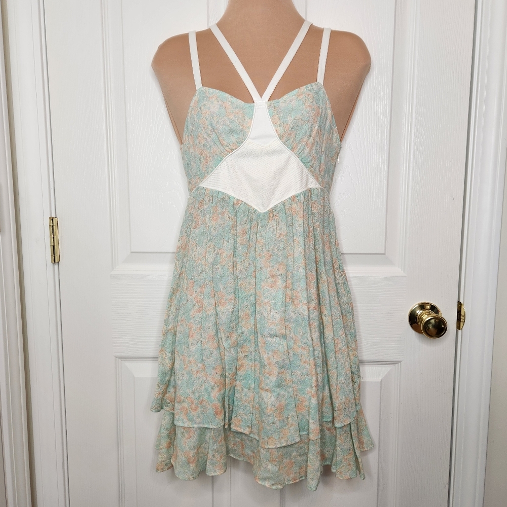 Juicy Couture Double Strap Dress Tiered Linen Blend Floral Light Green Size 2